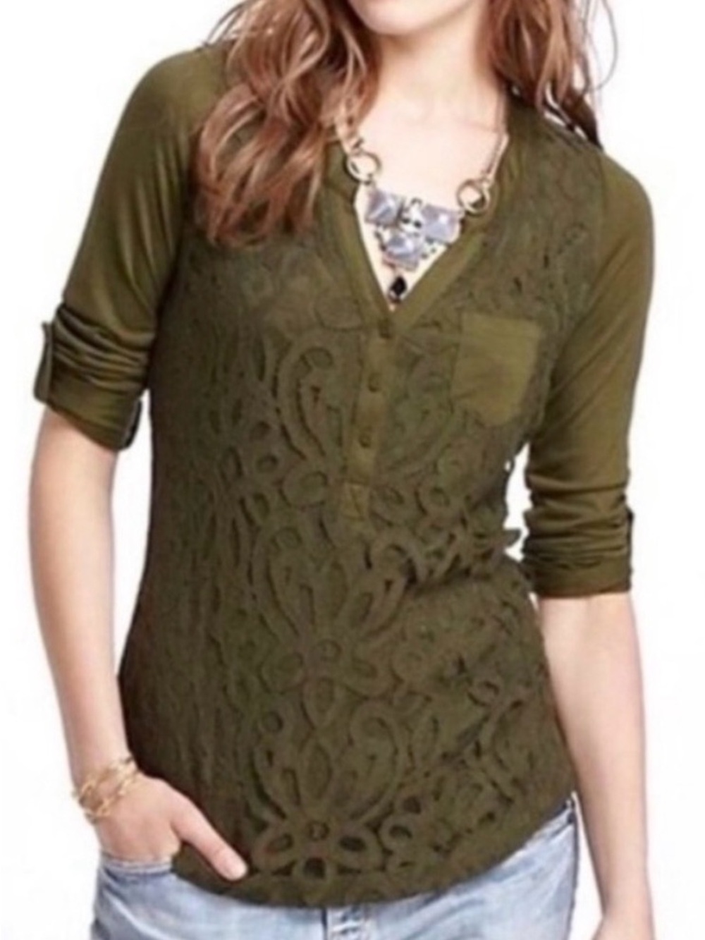 Anthropologie Vanessa Virginia Olive Green Lace Front Roll Sleeve Top Large